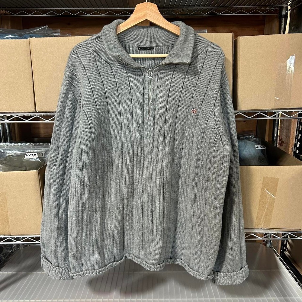 Y2K Polo Ralph Lauren Grey quarter zip sweater with red flag logo